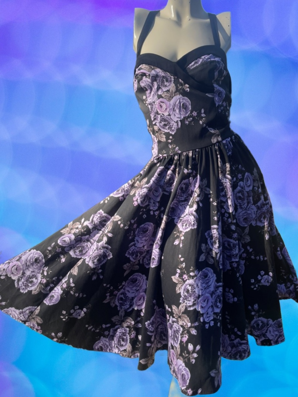 Pinup Couture Black Midi Swing Dress with Purple Rose Print - Picture 4 of 12